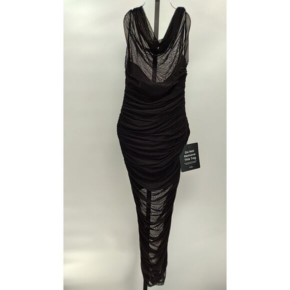 Lulus Sunama Mesh Ruched Bodycon Midi Dress Black Basic Sleeved Medium - Picture 2 of 3
